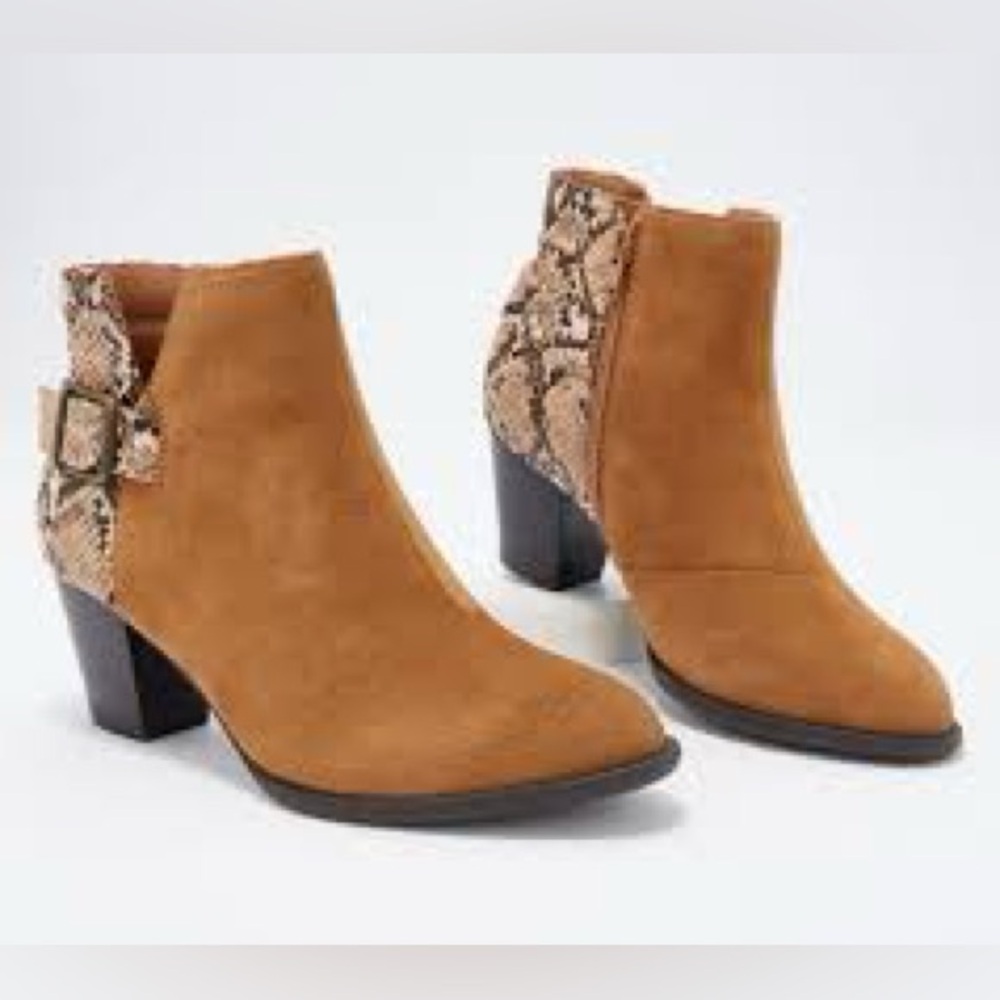 Vionic Tan Suede and Snakeskin Print Ankle Booties 8.5